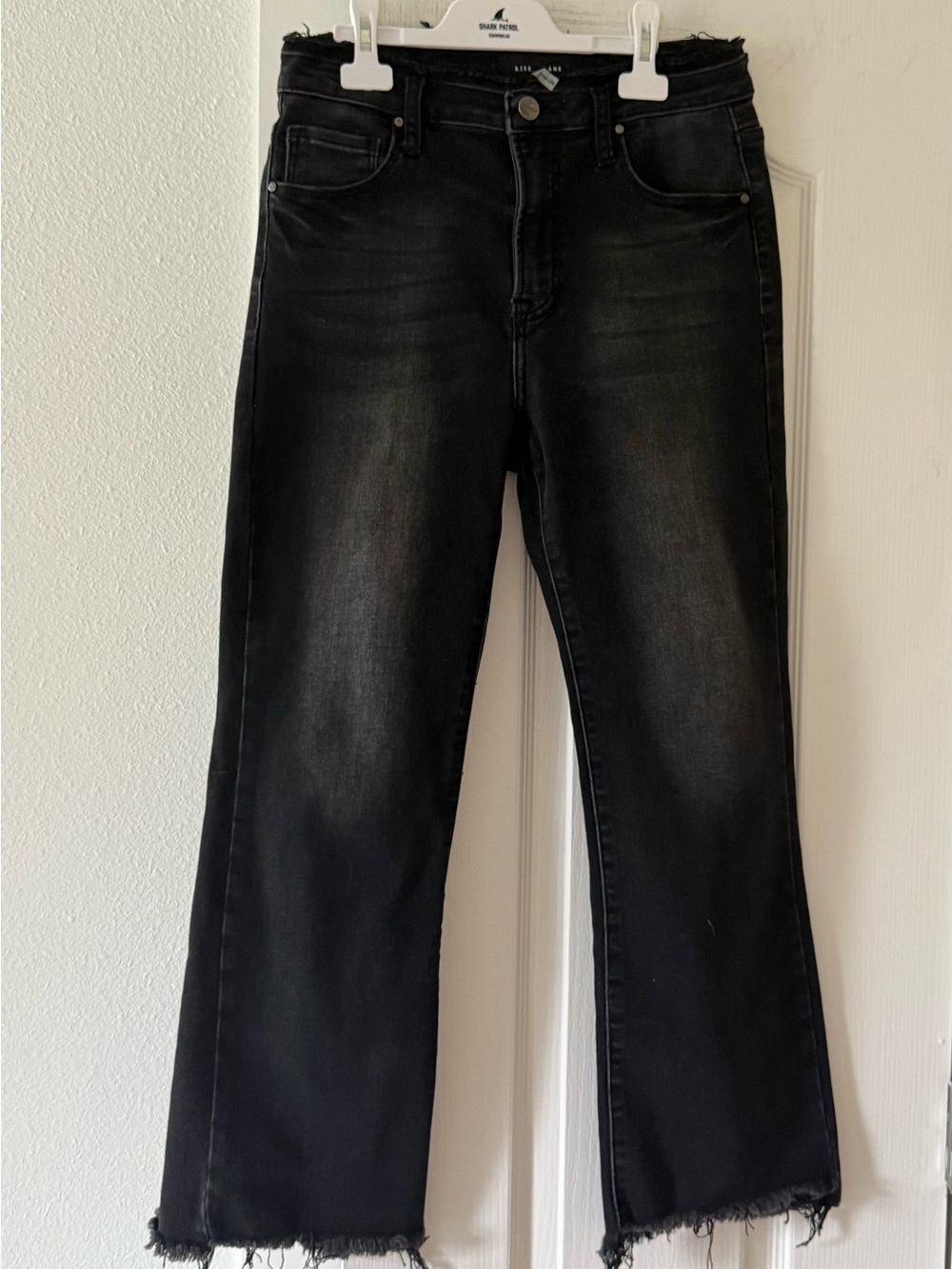 RISEN Jeans 7/28 Black High Rise Crop Flare Raw Hem Distressed